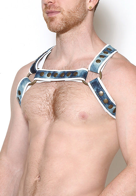 Crossed Back 1.5" Bleached Denim Half-Harness | PRIAPE LEATHER